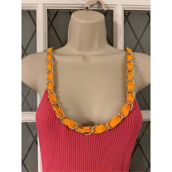 Zara Chain Strap Sleeveless Rib Knit Fit And Flare Dress Hot Pink Size Large - Picture 5 of 9